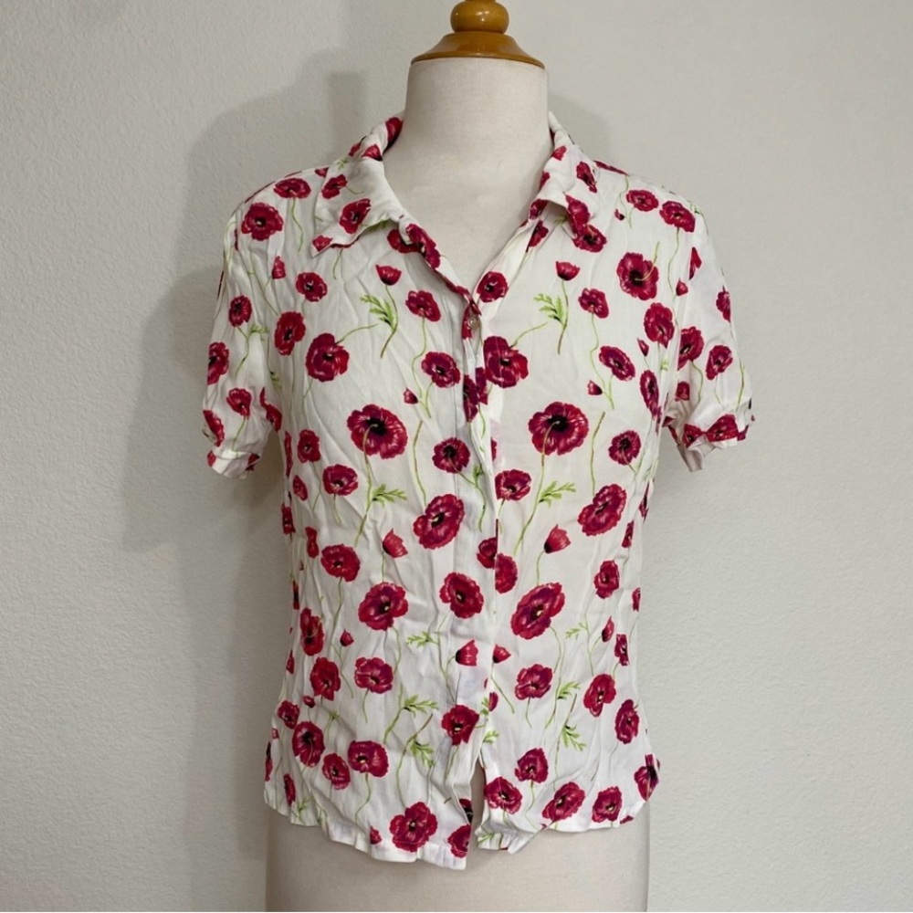 3/$25 Field Manor Women White Magenta Floral Button Short Sleeve Shirt PJ Size S
